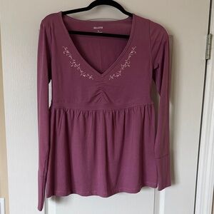 Hollister Women's Mauve Embroidered Long Sleeve Top